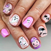24pcs Cute Korean Fake Nail Tips Glossy Purple Short Round False Nail Patches White Ghost Skull Black Bat Designs Press On Nails